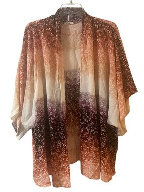 E Luna Boho Ombre Kimono Cardigan Terracotta Purple Botanical Print Size OS